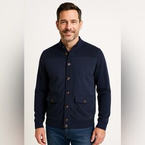 Ted Baker Mens Waltar Cardigan Sz 5 US XL Navy Blue Cotton Pockets Quiet Luxury